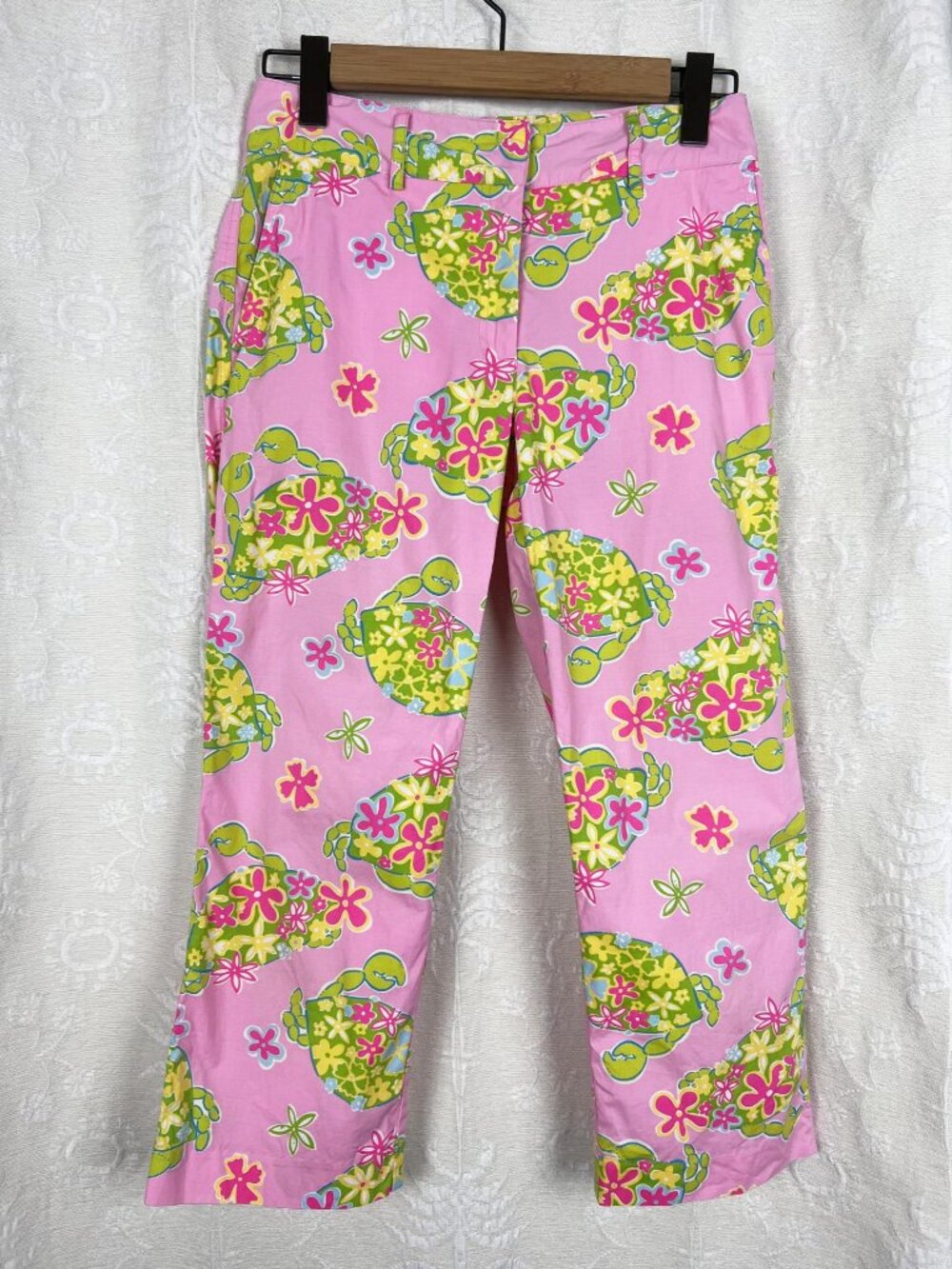 Vintage Lilly Pulitzer pink crab print capris colorful cotton pants tropical 4
